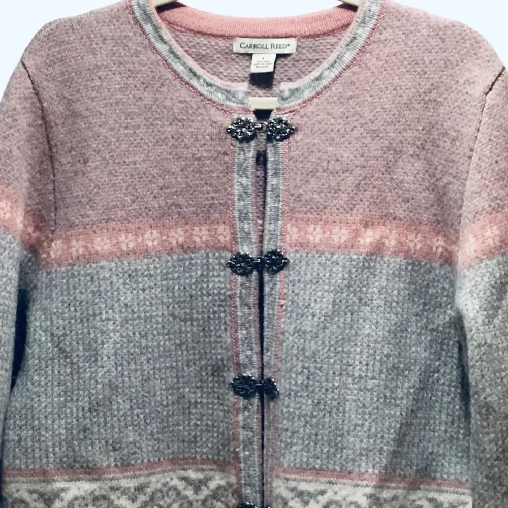 Vintage Carroll Reed Nordic Wool Cardigan Fair Isle Pink/Gray Metal Clasp Size L
